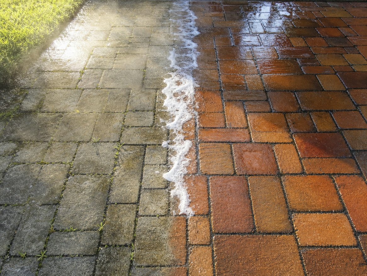 Paver patio, one side weathered, one side cleaned and sealed