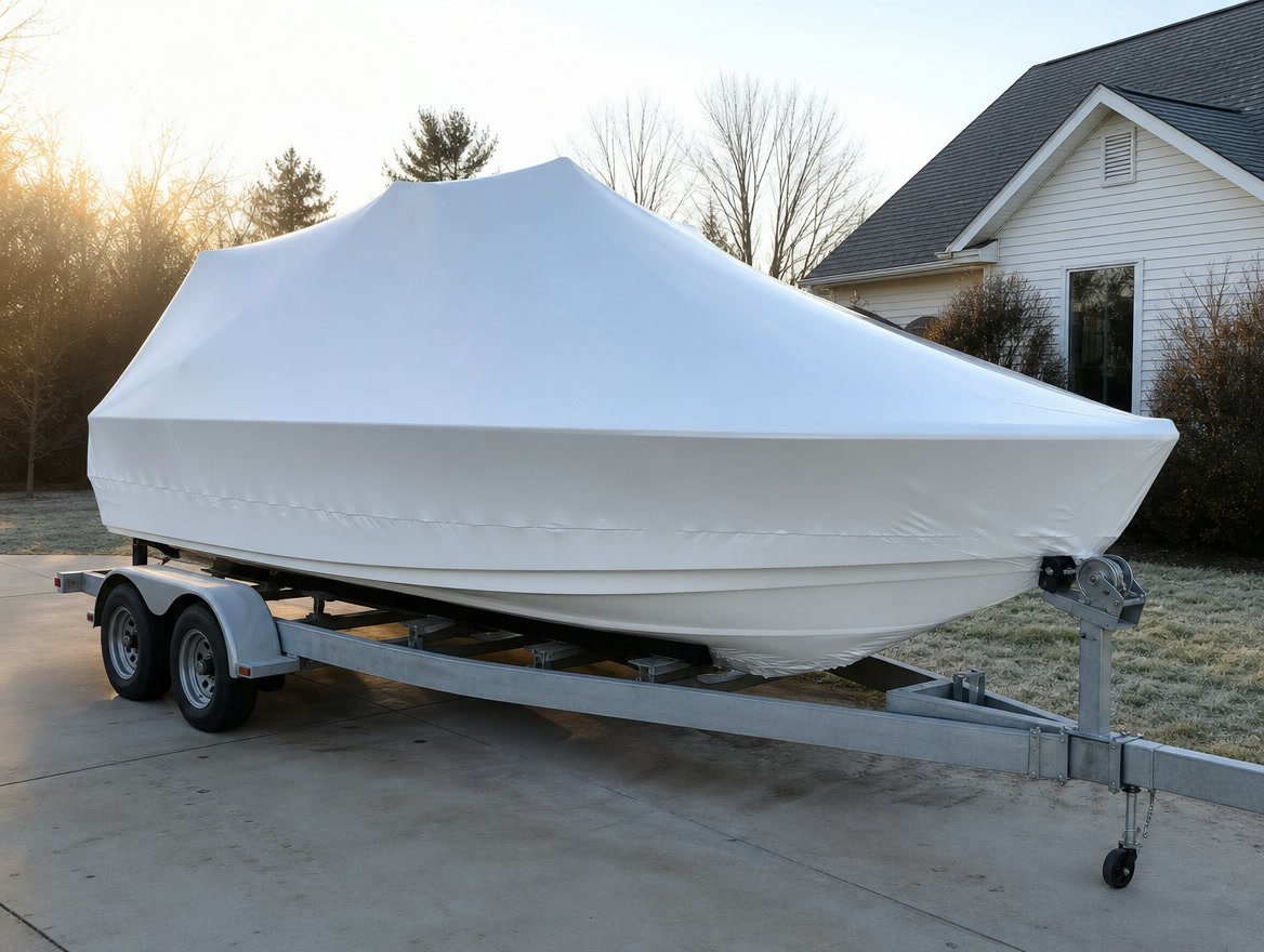 A boat on a trailer under tight white shrink wrap